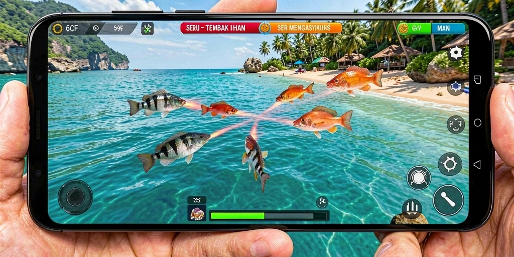 Tampilan gameplay seru di 6CF saat menembak ikan.