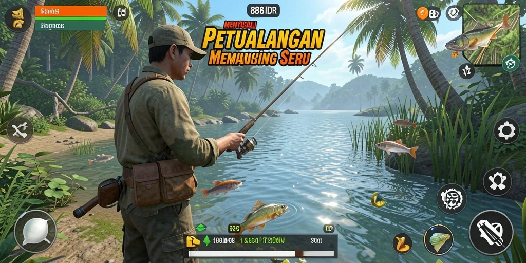 Screenshot utama 888IDR menampilkan aksi memancing di lokasi yang indah.