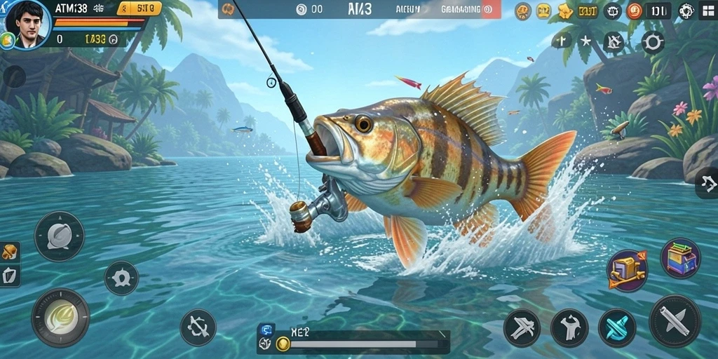 Gambar gameplay ATM138 yang menunjukkan pemain menangkap ikan besar.