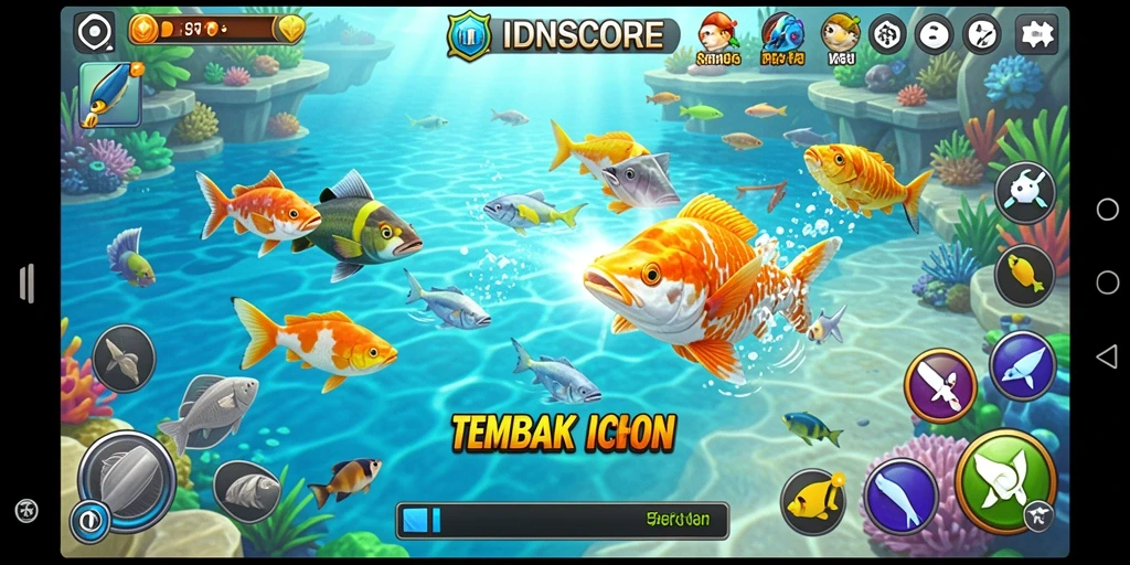 Tampilan gameplay IDNSCORE yang seru dan mendebarkan saat menembak ikan.