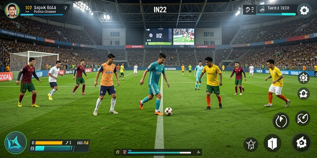 Screenshot gameplay IN22 dengan aksi seru sepak bola.