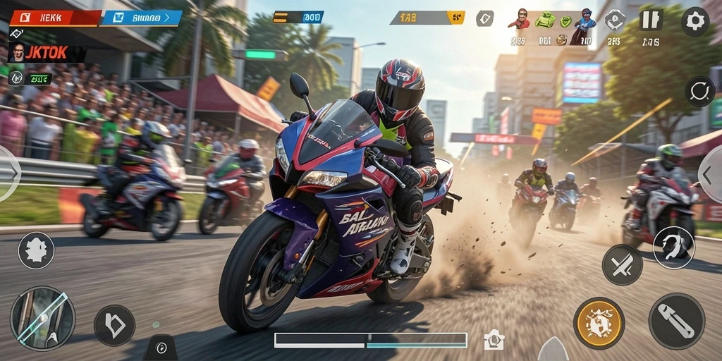Screenshot gameplay JKTOK menampilkan aksi balapan motor yang seru.