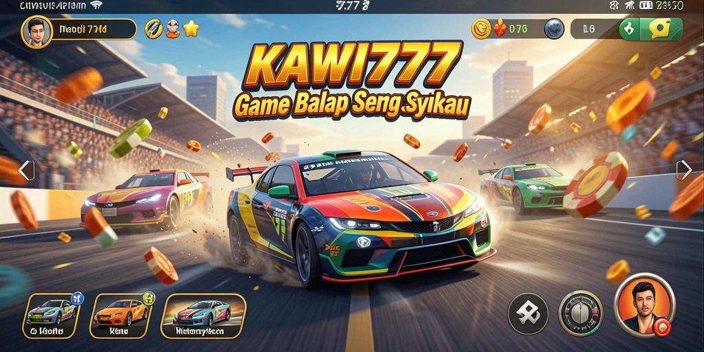 Tampilan gameplay KAWI777 dengan mobil balap yang beraksi di lintasan penuh tantangan.