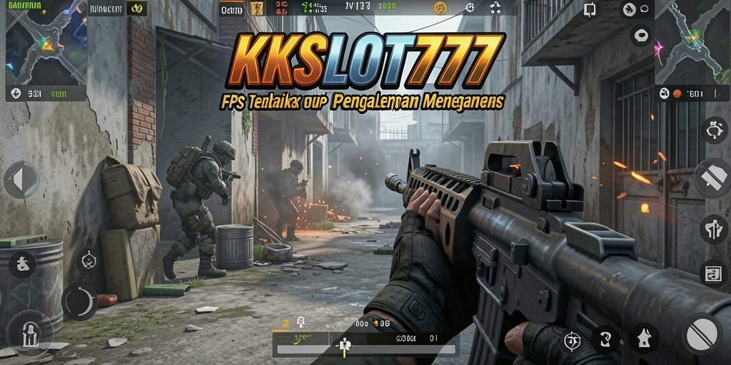 Screenshot KKSLOT777 menampilkan aksi pertarungan FPS yang menegangkan.