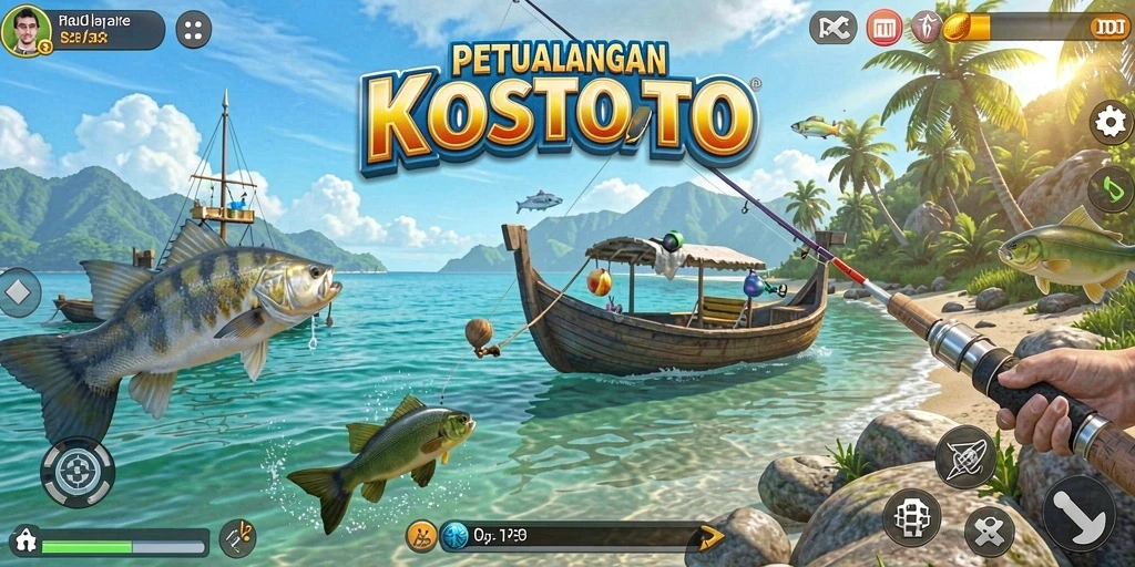 Tampilan gameplay KOSTOTO dengan berbagai lokasi memancing yang menarik.