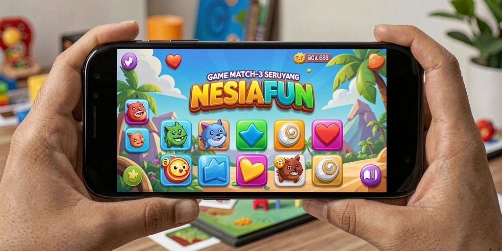 Tangkapan layar gameplay NESIAFUN yang menampilkan keseruan permainan Match-3.