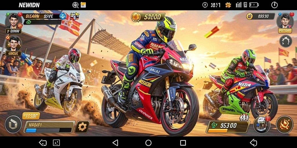 Screenshot gameplay <strong>NEWIDN</strong> menampilkan balapan motor yang mendebarkan.
