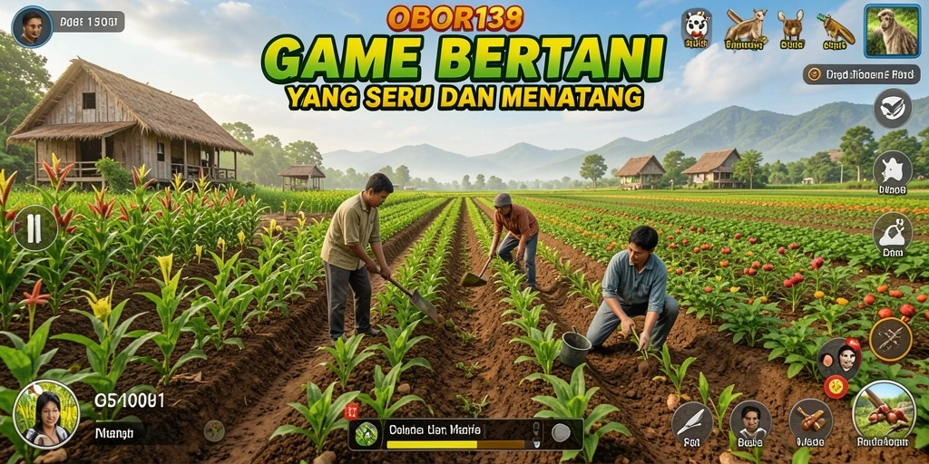 Screenshot menunjukkan karakter utama sedang merawat ladang dengan berbagai tanaman.
