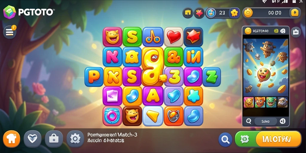 Tampilan gameplay seru PGTOTO dengan objek Match-3 yang berwarna-warni.