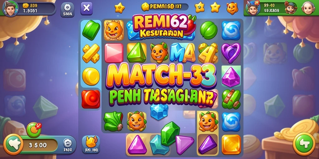 Tampilan gameplay REMI62 menunjukkan kombinasi warna-warni dari elemen Match-3.