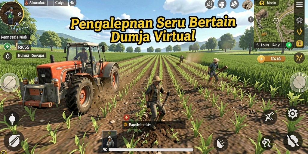 Tampilan gameplay RK55 dengan ladang yang subur dan aktivitas pertanian.