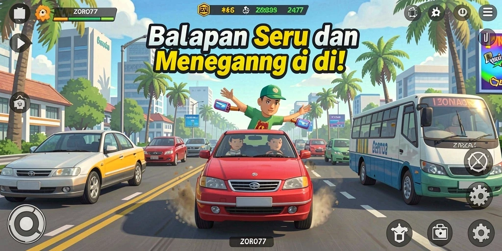 Tampilan gameplay ZORO77 yang mendebarkan di jalur balap.